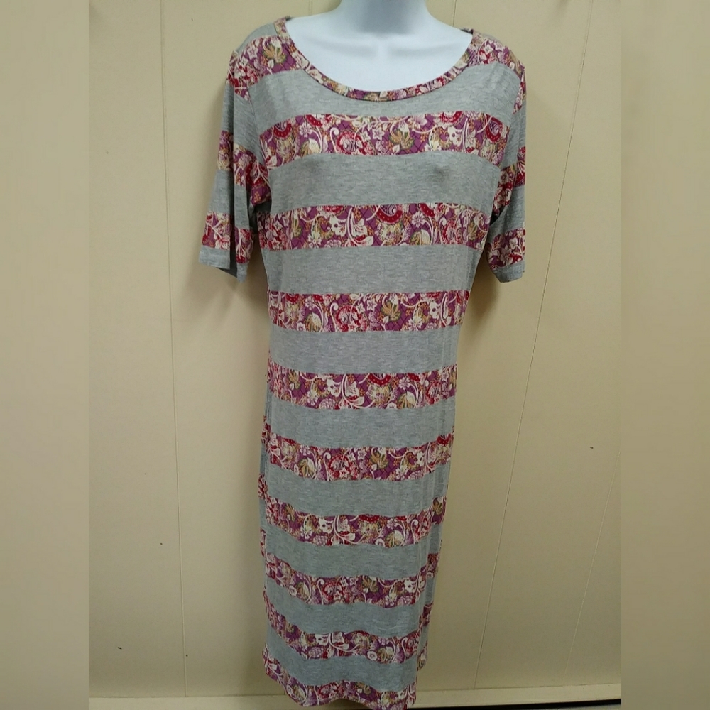 Lularoe Julia Grey Floral Striped Dress sz M EUC